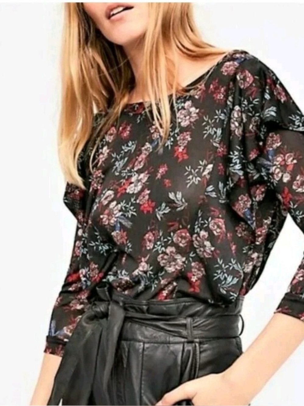 Free People Shirt Floral Ruffle Black Top Dock Street Cottage Dark Romantic